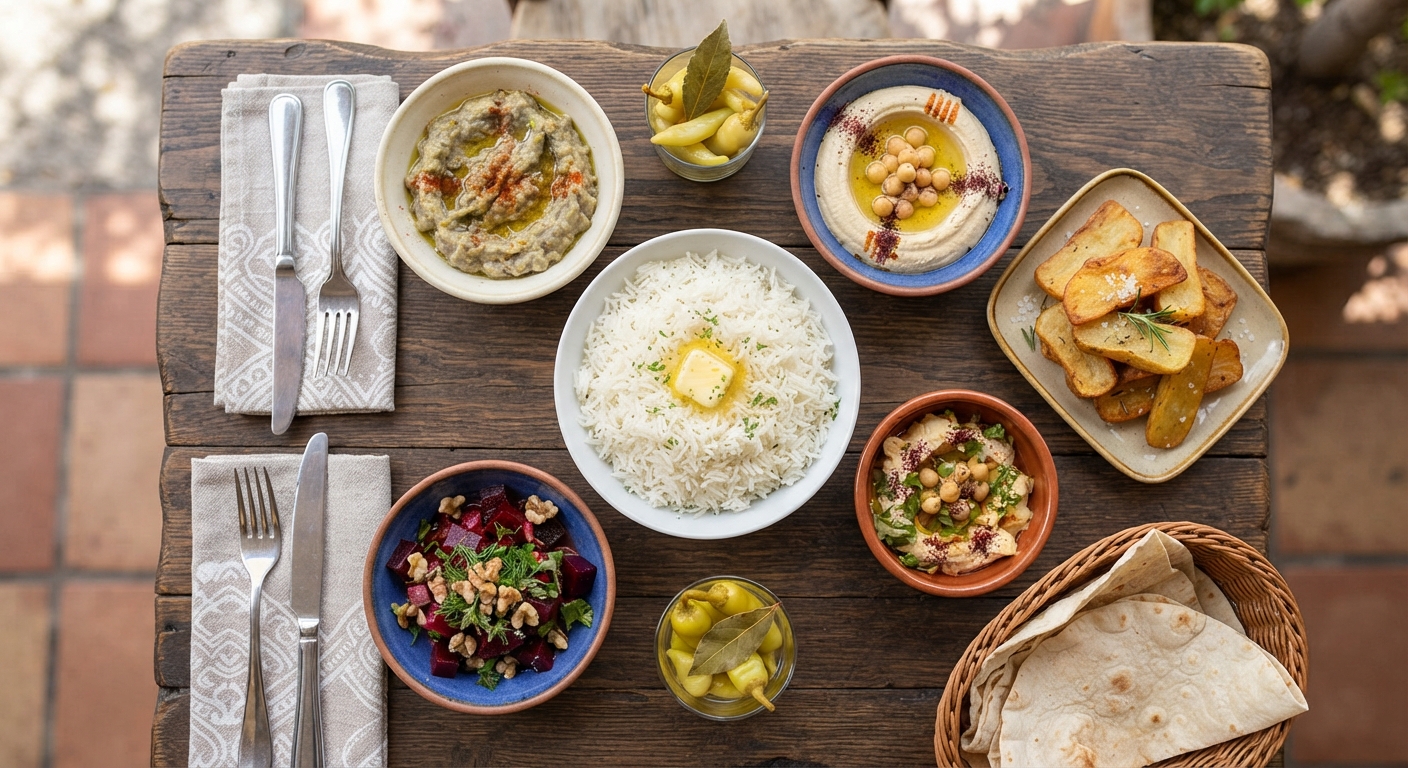 Armenian meze spread and sides at Hamlet's Kitchen Glendale, including eggplant caviar, hummus, rice, and fried potatoes.