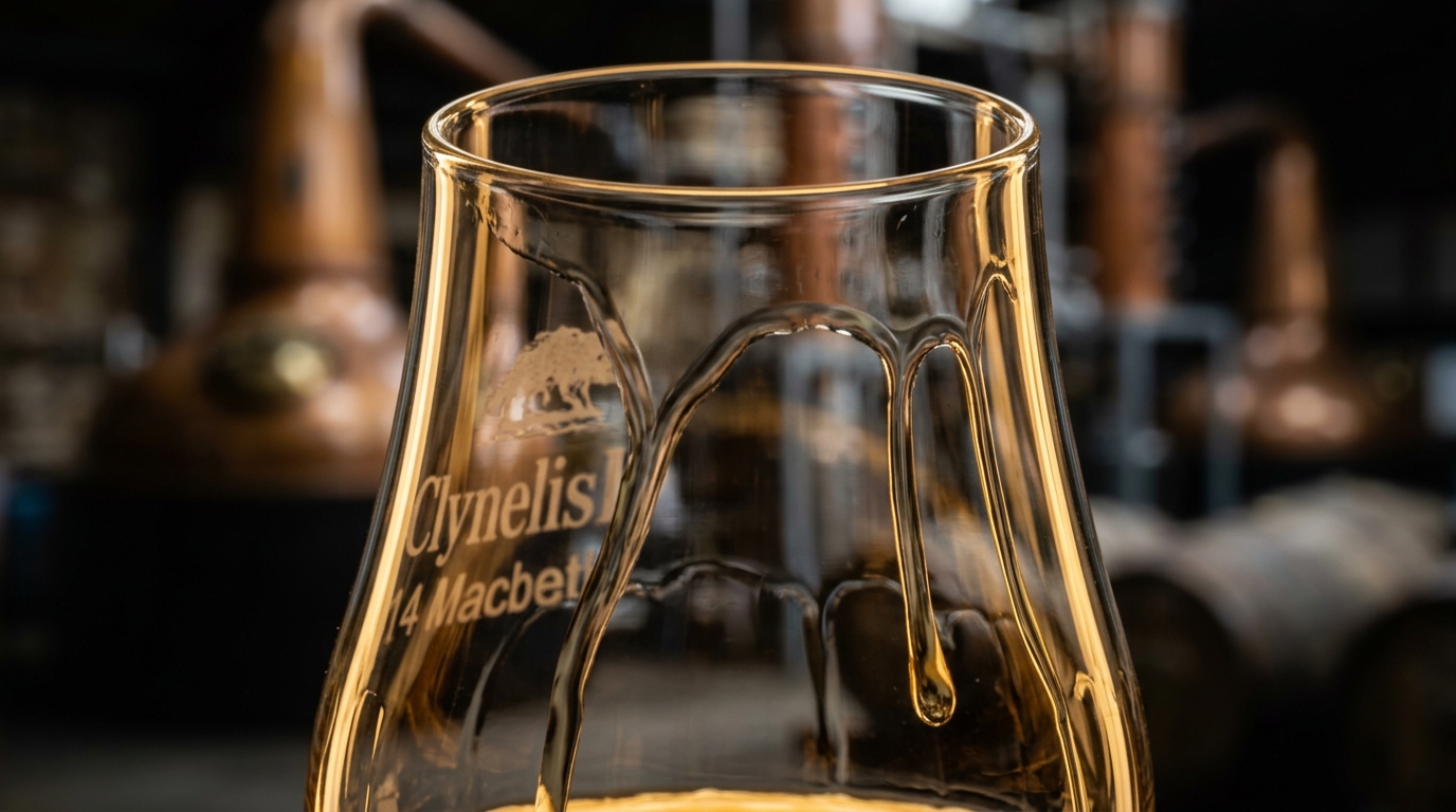 Macro close-up view of the viscous, waxy legs of Clynelish 14 Macbeth 55.1 whisky clinging to a glass, highlighting its unique texture.