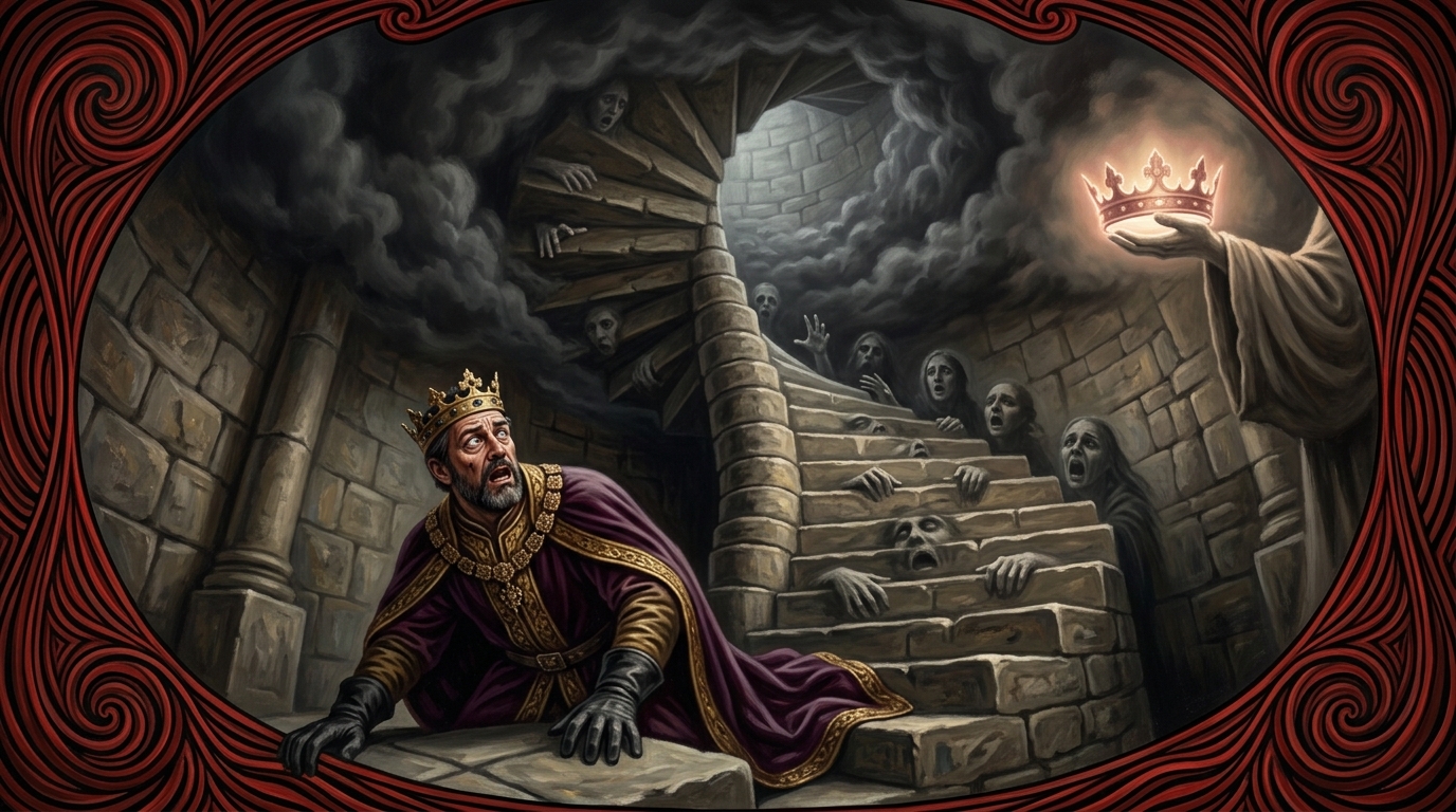 A conceptual surreal illustration showing a winding spiral staircase within a dark castle, where Macbeth panics at the base as shadowed faces of victims emerge from every step, ascending towards a glowing crown, illustrating the "spiral of tyranny" theme.