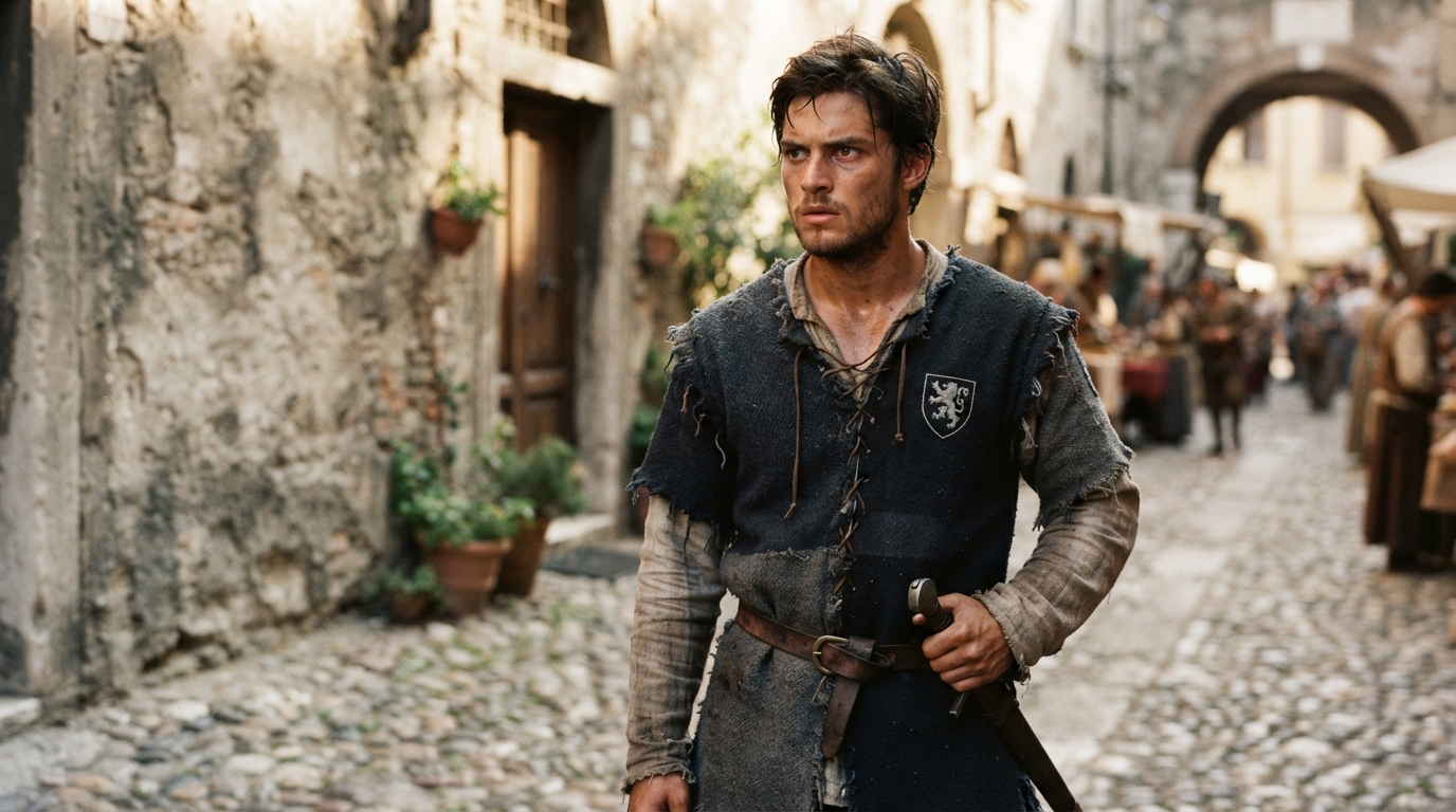Portrait of Abram from Romeo and Juliet in Montague livery, looking resolute on a Verona street.