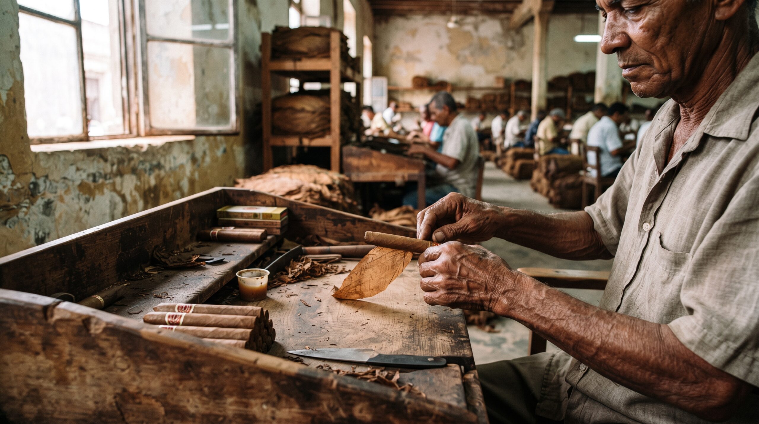 Close-up of a Cuban torcedor hand-rolling a Romeo y Julieta cigar in a Havana factory.