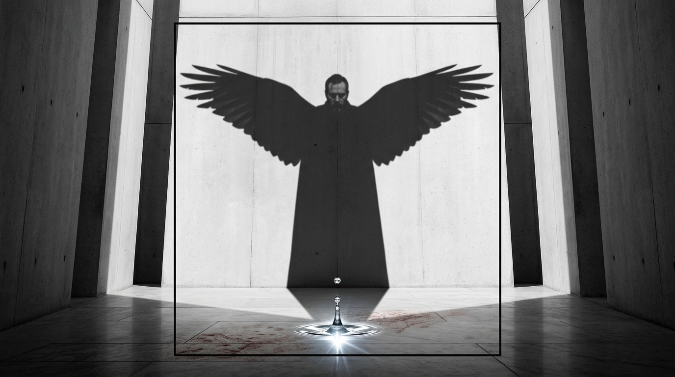 A conceptual composite image visualizing the themes of water, blood, and the avian shadow (crow's wings) within the minimalist 1.37:1 expressionist architecture of Macbeth.