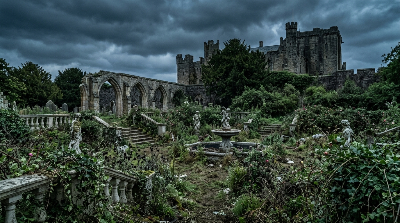A wide, cinematic shot of the neglected Elsinore palace garden, now a wild and decaying expanse of thistles and weeds, symbolizing the corruption of Claudius's reign in Hamlet.