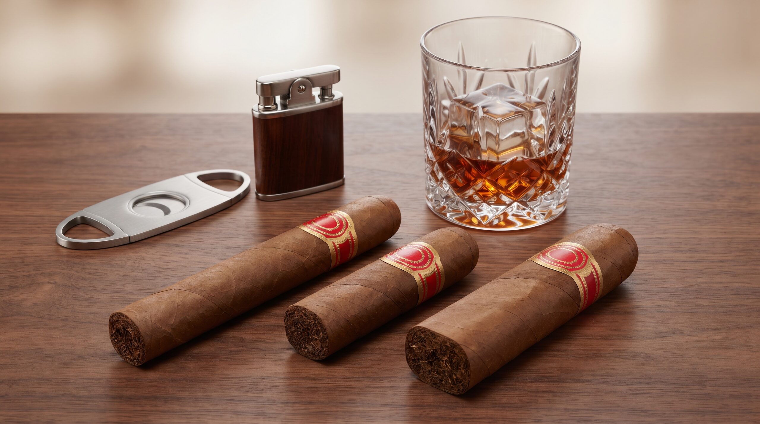 Elegant arrangement of Romeo y Julieta Churchill, Short Churchill, and Wide Churchill cigars with a glass of aged rum.