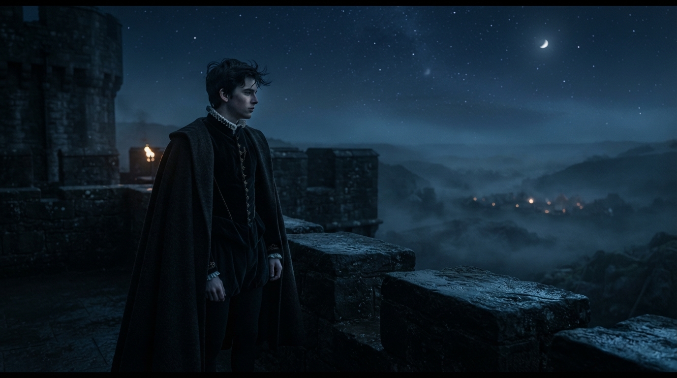 Cinematic photo of a prince looking out at a misty night sky, representing existential thought in Hamlet.