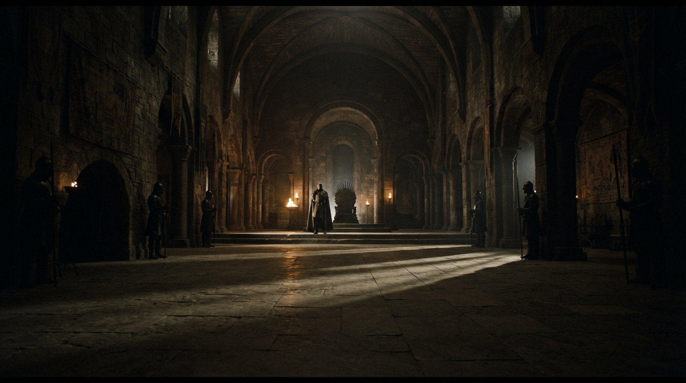Dramatic theater stage setting representing the high tension right before the climax in Hamlet Act 5