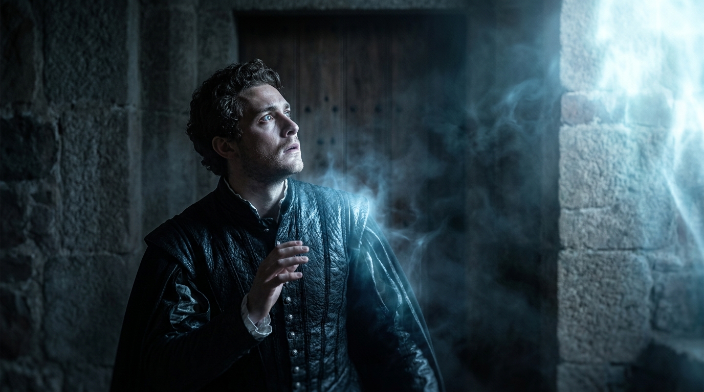Dramatic medium shot of Prince Hamlet encountering the spectral Ghost of his father.
