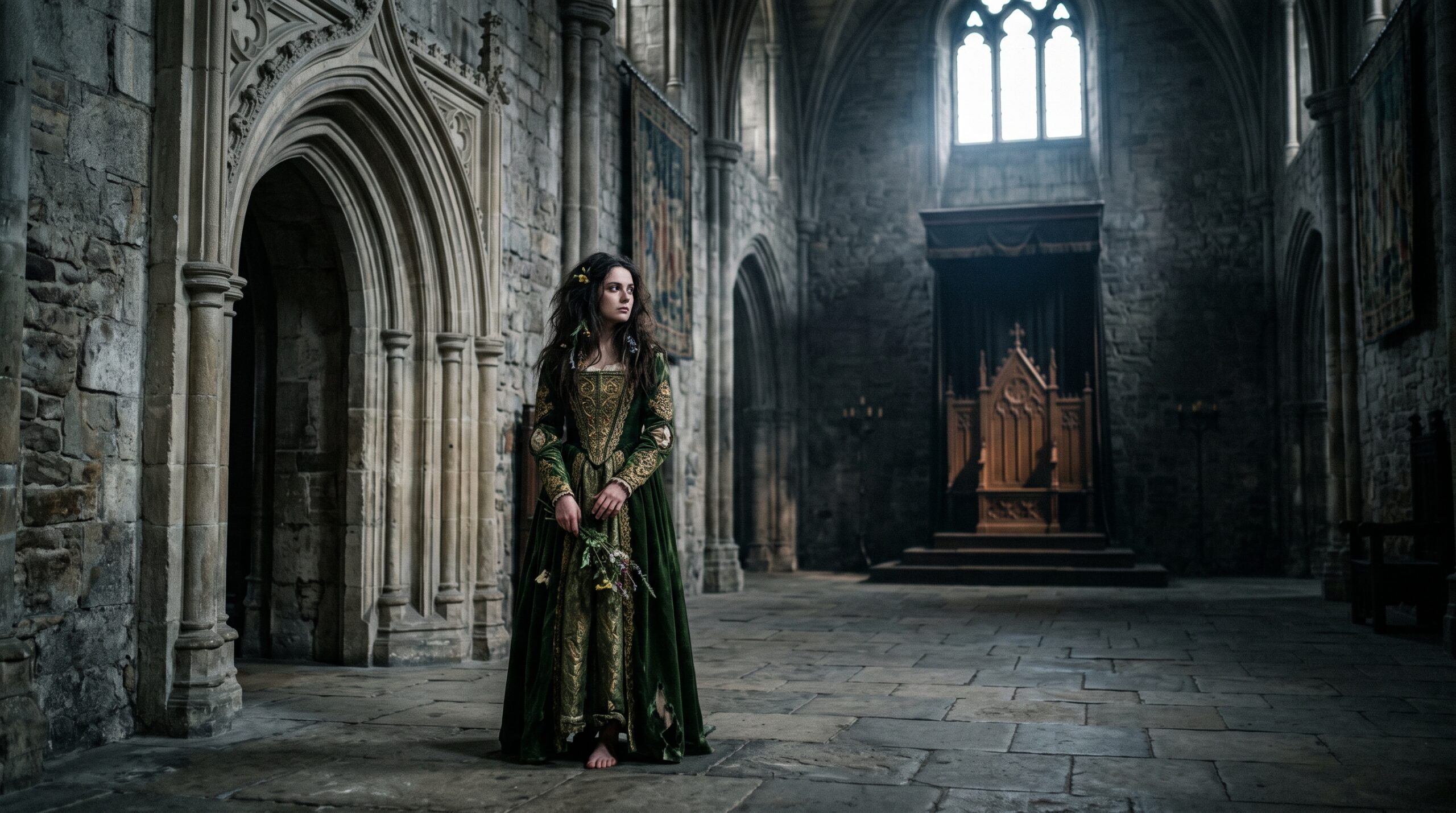 A lonely Ophelia in a magnificent yet vacant castle hall, her dress disheveled and expression distracted, symbolizing her isolation and descent into madness.