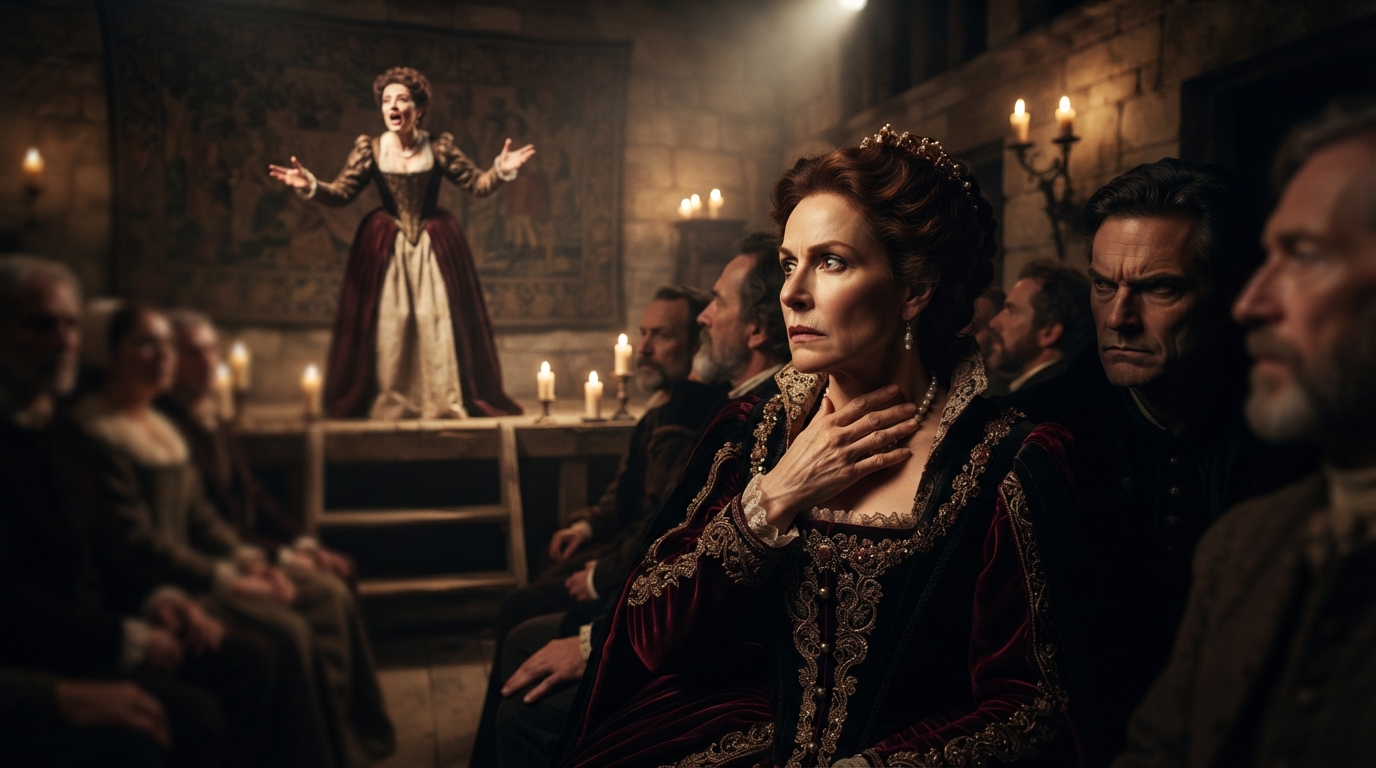Queen Gertrude looking anxious and guilty while watching an emotional performance of the Player Queen in a candlelit hall.