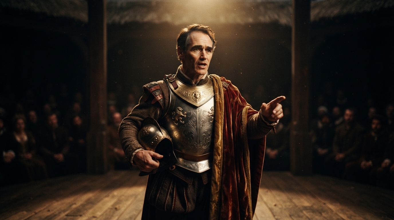 Theatrical photograph of an actor playing Shakespeare's Henry V delivering the St. Crispin's Day speech on stage.