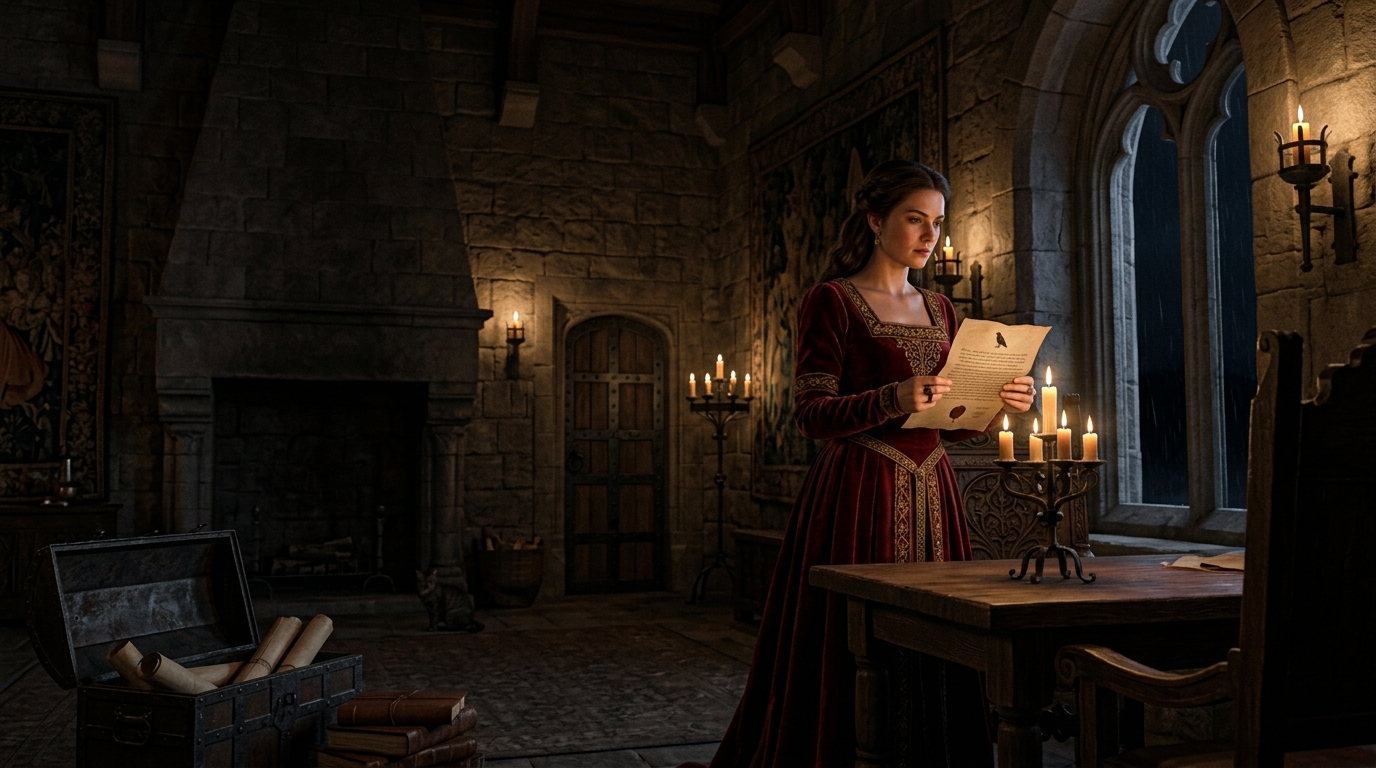 Lady Macbeth standing in a candlelit castle room reading a letter and plotting Duncan's murder.