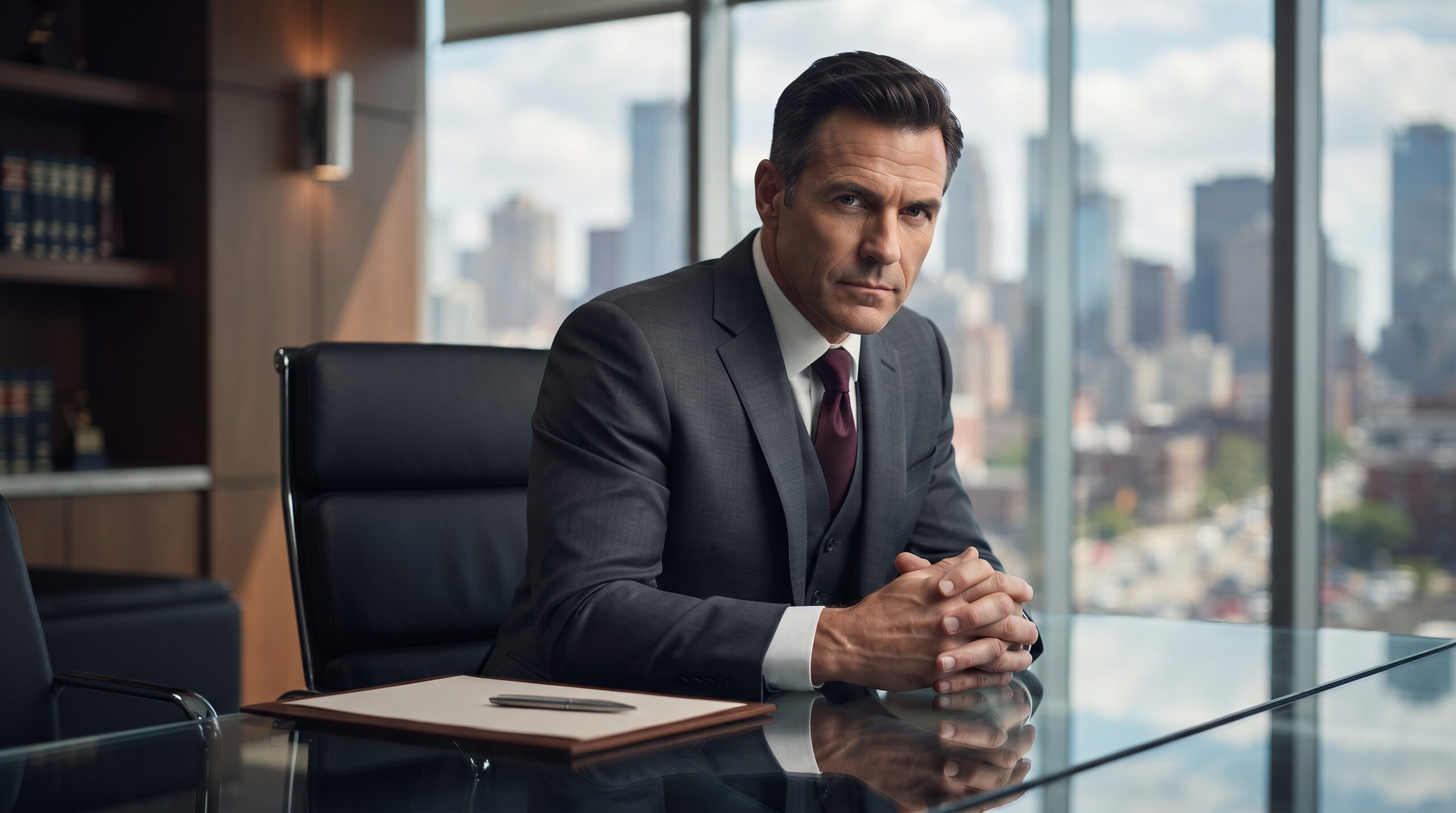 A professional defense attorney sitting at a conference table in a modern law firm offering legal counsel.
