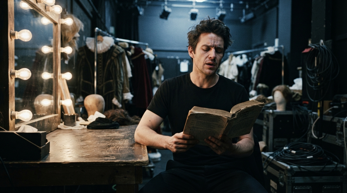 A modern actor intensely rehearsing lines from an annotated Hamlet script backstage in a theater.