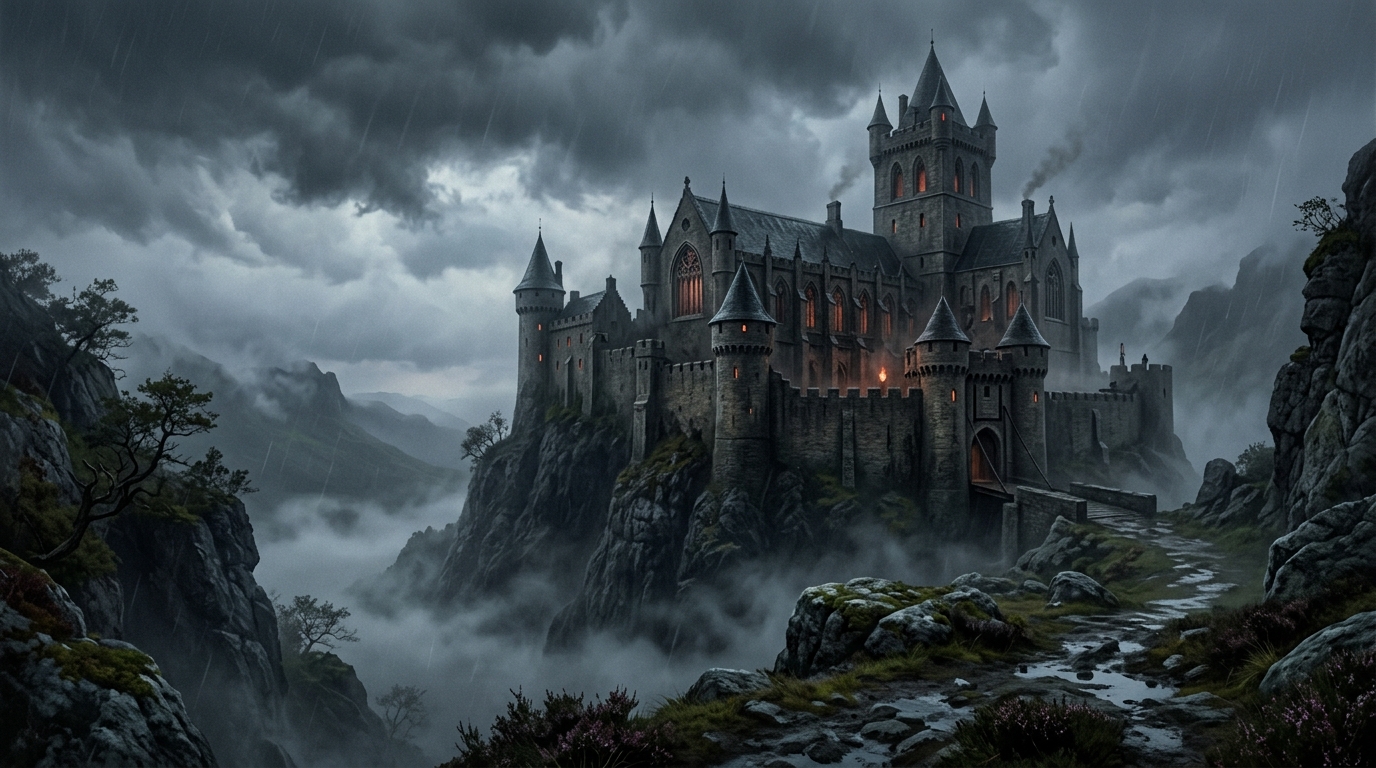 Exterior view of Macbeth's castle at Inverness surrounded by mist and dark clouds.