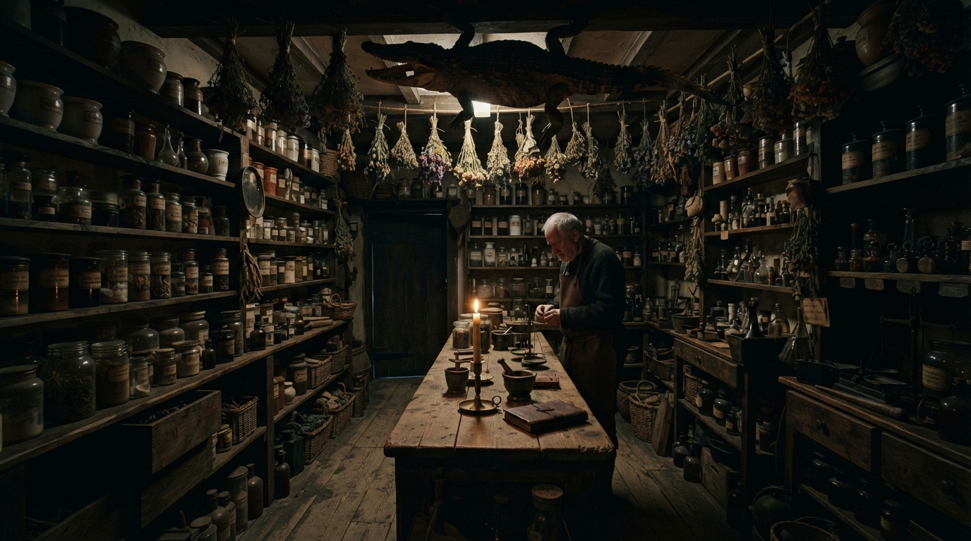 Dark and gritty interior of a 16th-century apothecary shop in Mantua where Romeo buys poison.