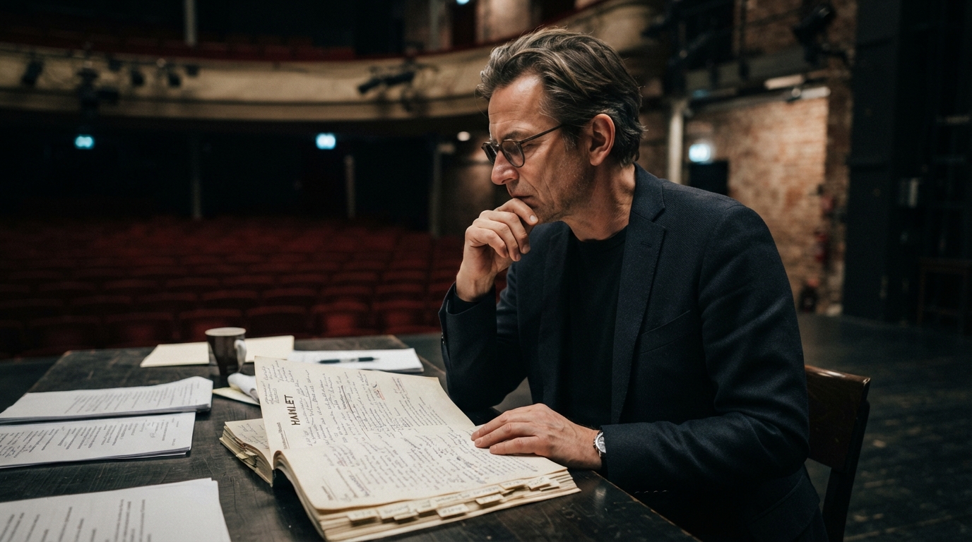 Theatre director Thomas Ostermeier reviewing scripts on an empty West End stage, preparing for his English-language Hamlet production.