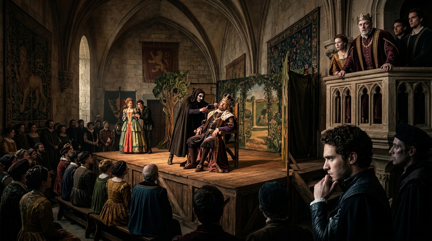 Photograph of the traveling actors performing The Mousetrap play in Hamlet.