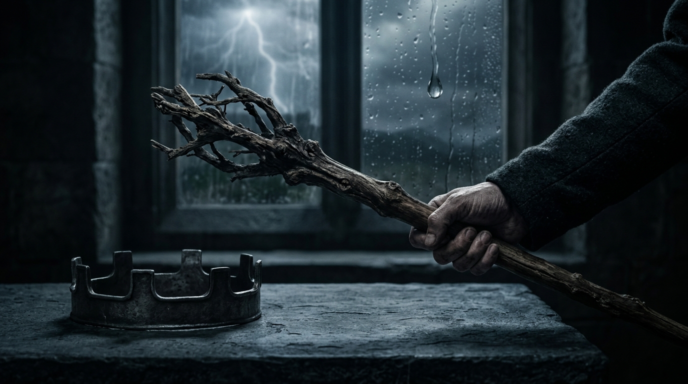 A detailed macro photograph focusing on a gaunt hand gripping a dead, twisted wooden scepter, with a blurred crown on a stone table in the background, visualizing Macbeth's "barren sceptre" and "fruitless crown" soliloquy imagery.