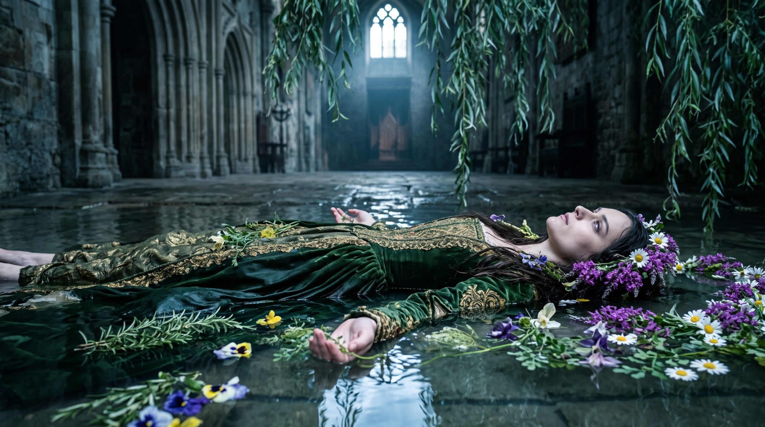 Close-up of Ophelia floating peacefully in a brook surrounded by specific flowers, rendered in a Pre-Raphaelite, melancholic style, illustrating Gertrude’s elegy.