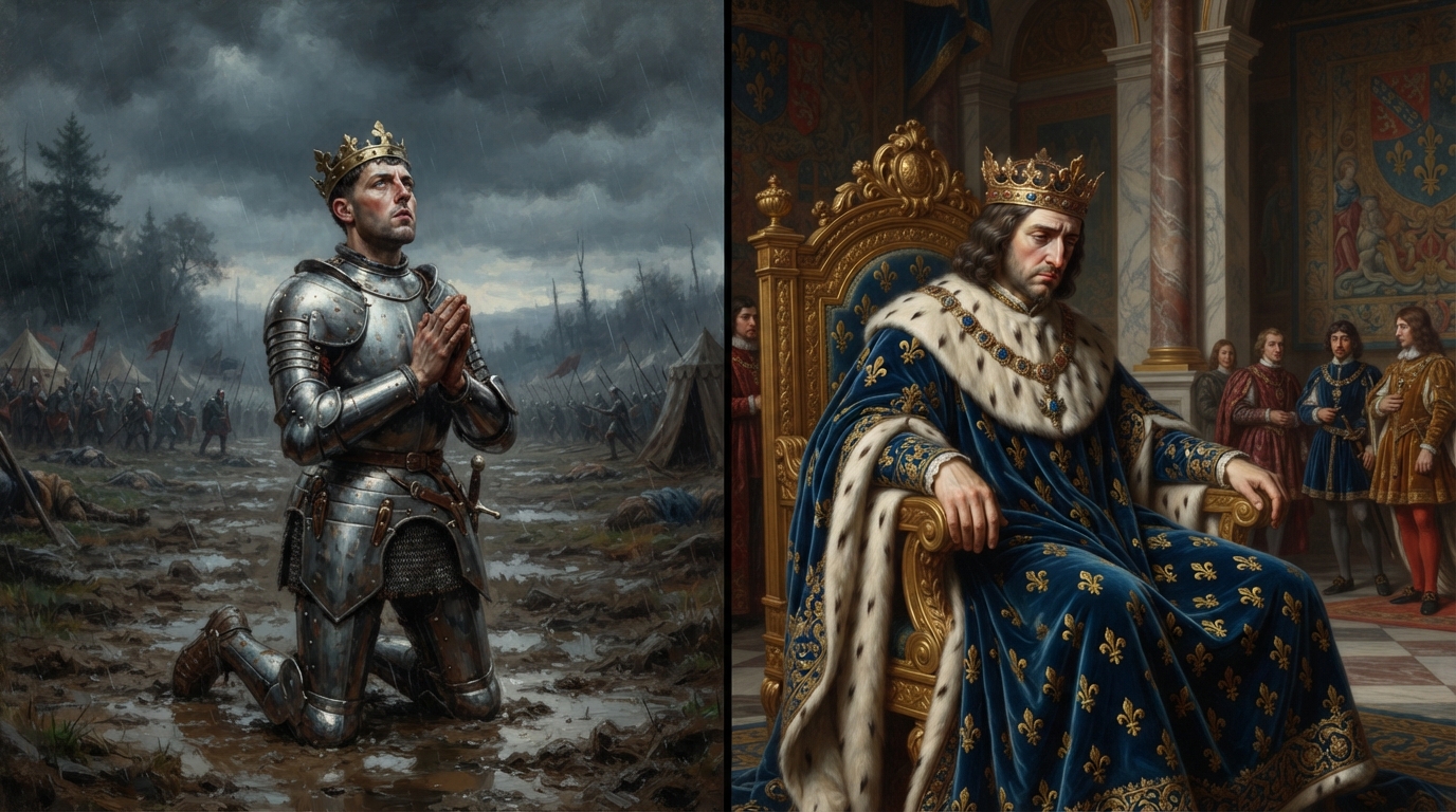 A split portrait comparing King Henry V of England in armor and King Charles VI of France on his throne.