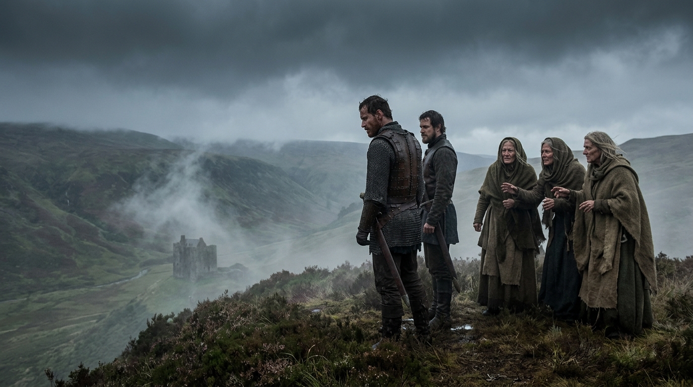 Cinematic landscape shot from the 2015 Macbeth adaptation showing medieval warriors and three witches on a foggy Scottish plateau.