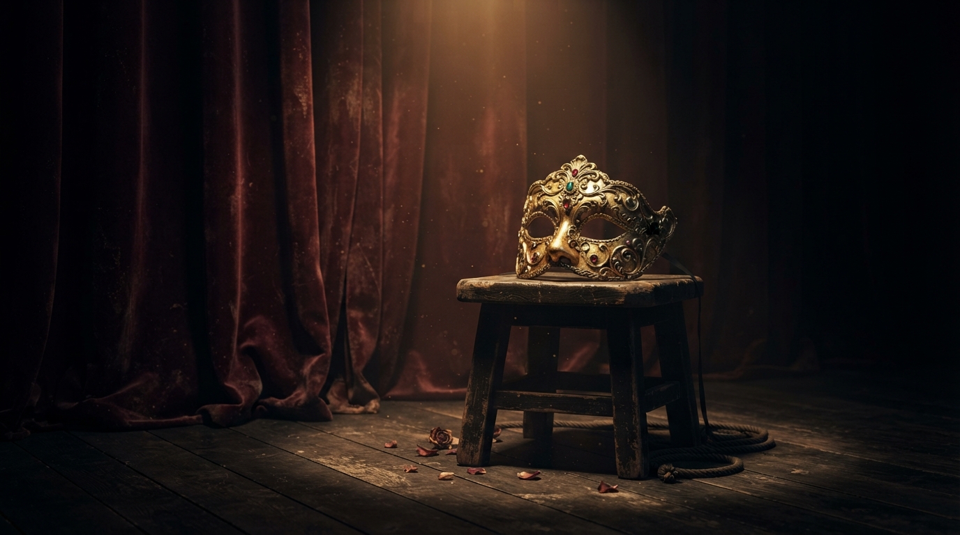 Theatrical mask on a wooden stool under a spotlight, illustrating appearance versus reality in Shakespeare.