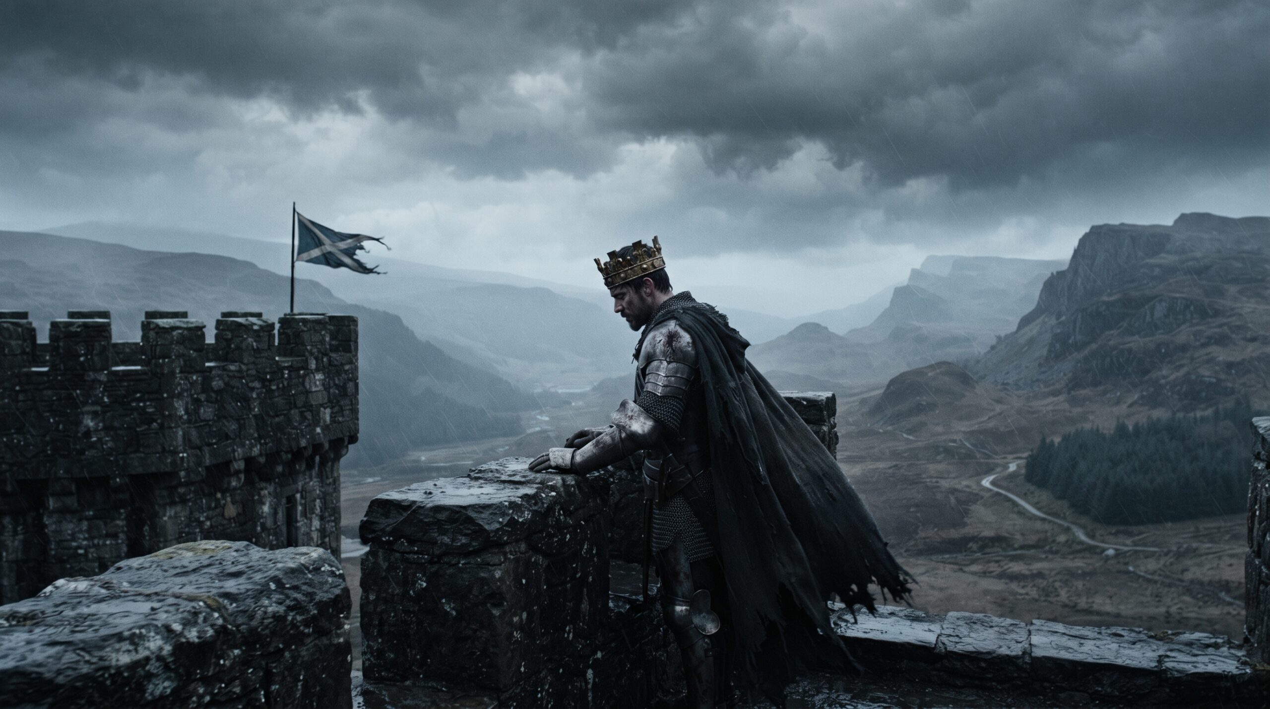 King Macbeth isolated on the battlements of Dunsinane Castle, looking out over a desolate Scotland.