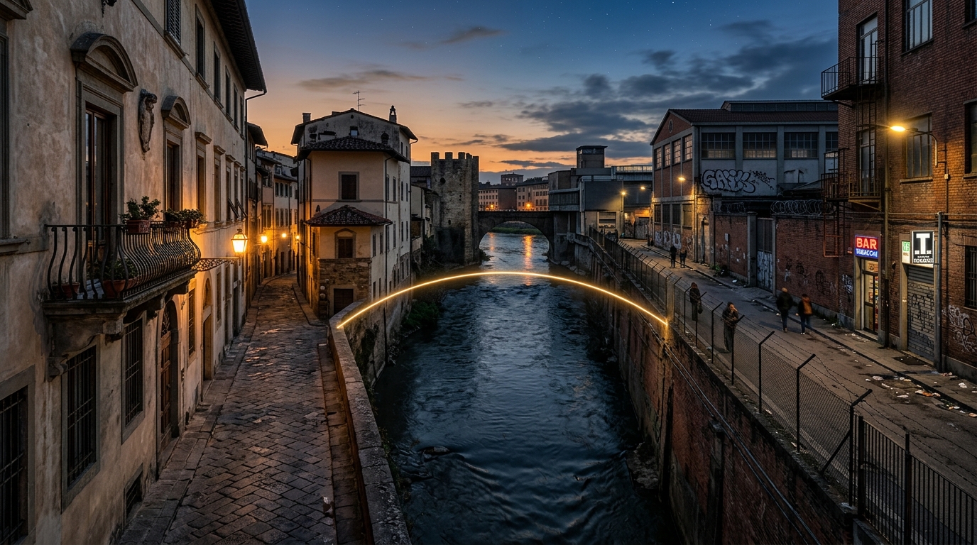 A symbolic depiction of the classic "star-crossed" narrative archetype, showing a glowing connection spanning the divide between a Renaissance villa balcony and a modern urban alleyway.