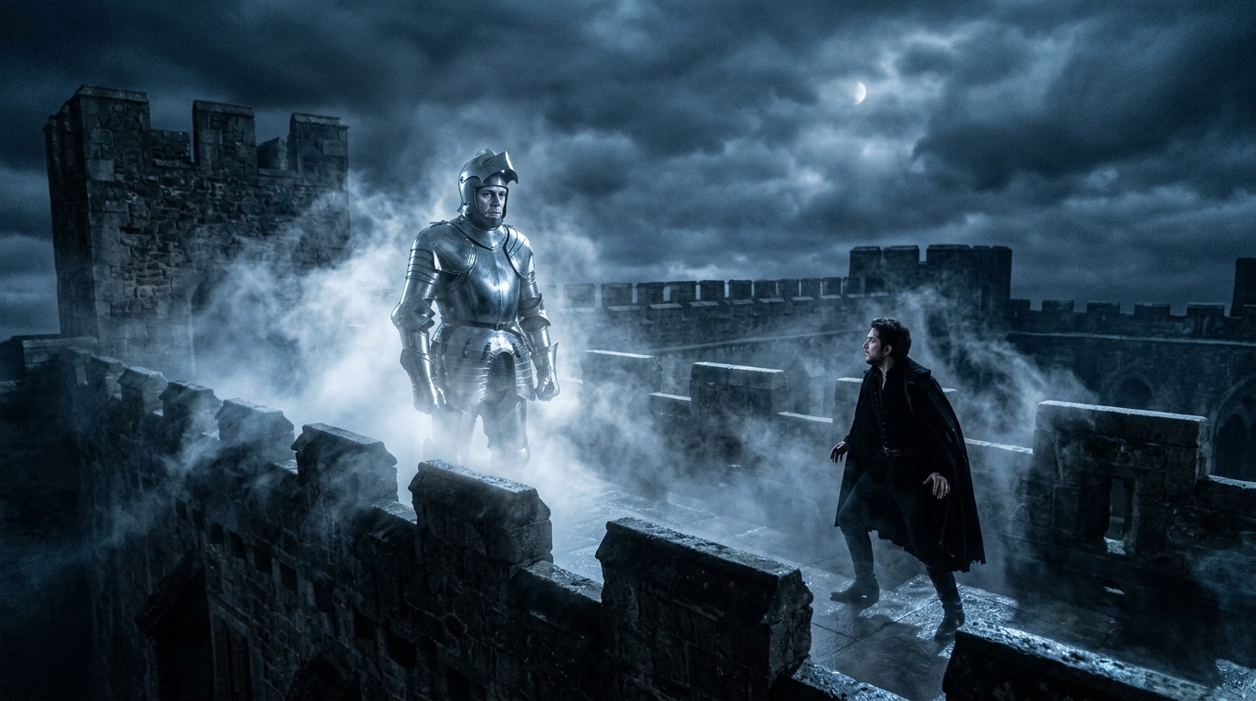 The full armored Ghost of King Hamlet appearing to Prince Hamlet on the misty battlements of Elsinore.