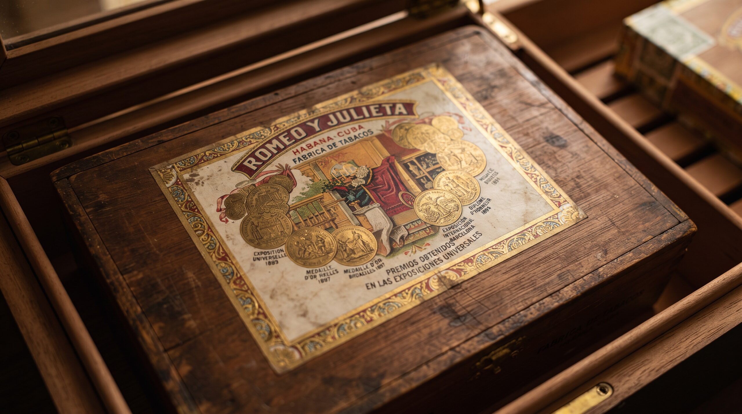 Vintage lithograph lid of a Romeo y Julieta cigar box showing historical gold medals.