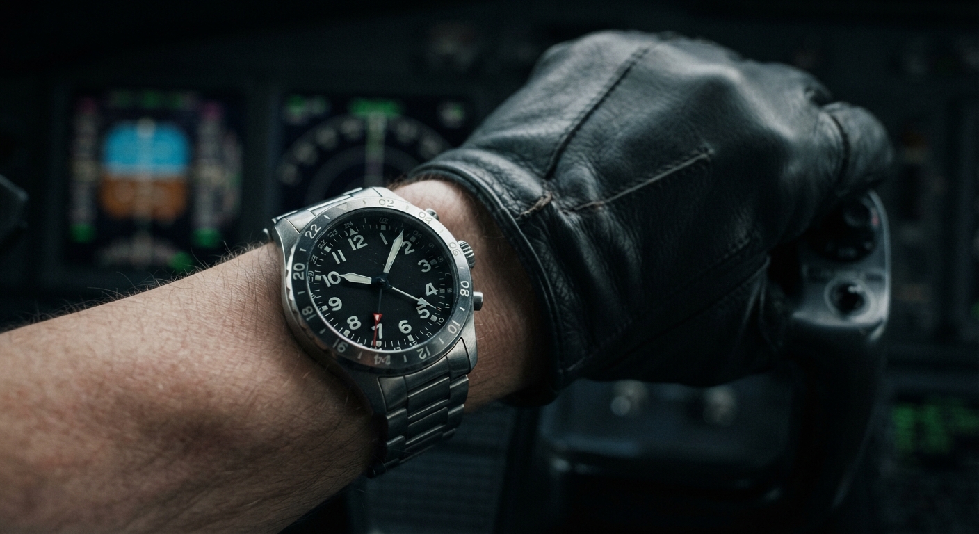Pilot's watch displaying 14:20 military time via a rotating bezel in a modern aircraft cockpit.