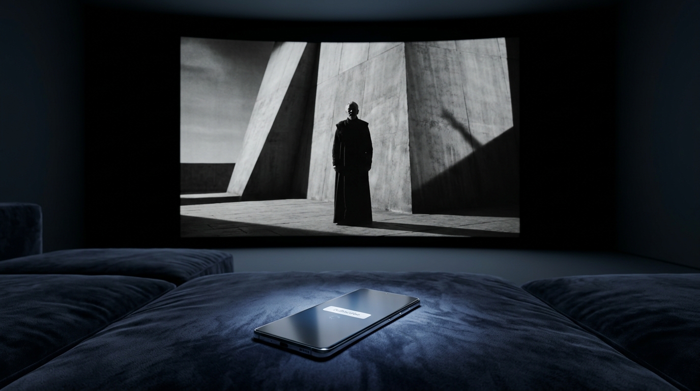 Minimalist home theater setup showing a smartphone screen juxtaposed with a large screen displaying a black-and-white expressionist scene of Macbeth silhouetted against concrete architecture.