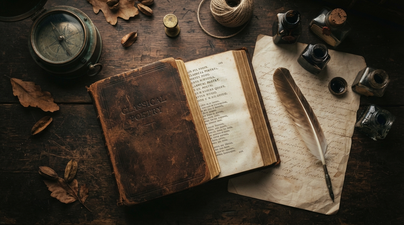 Vintage literary flat lay featuring an antique book, quill, and parchment to highlight historical and literary foils in Romeo and Juliet.