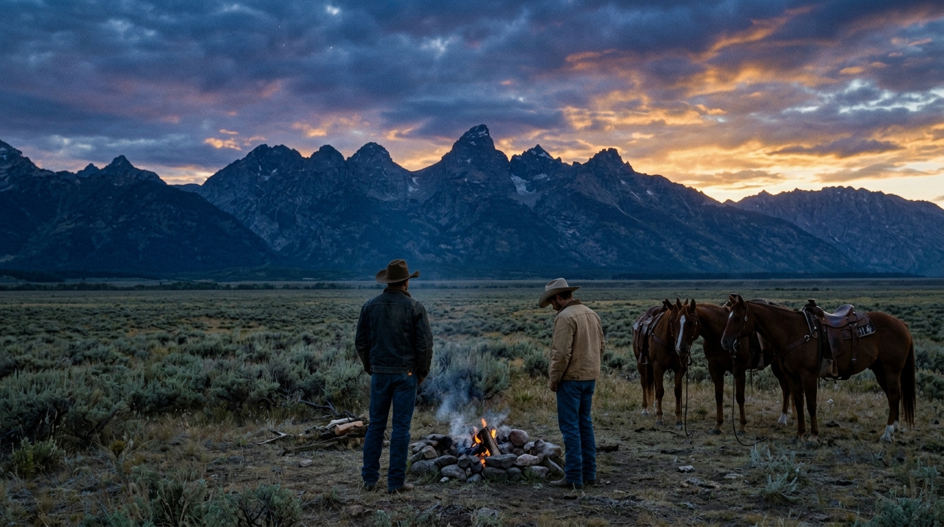 A neo-Western cinematic shot of two cowboys in a vast, cold mountain landscape at dawn, visually conveying the isolation and profound emotional weight of their forbidden bond.