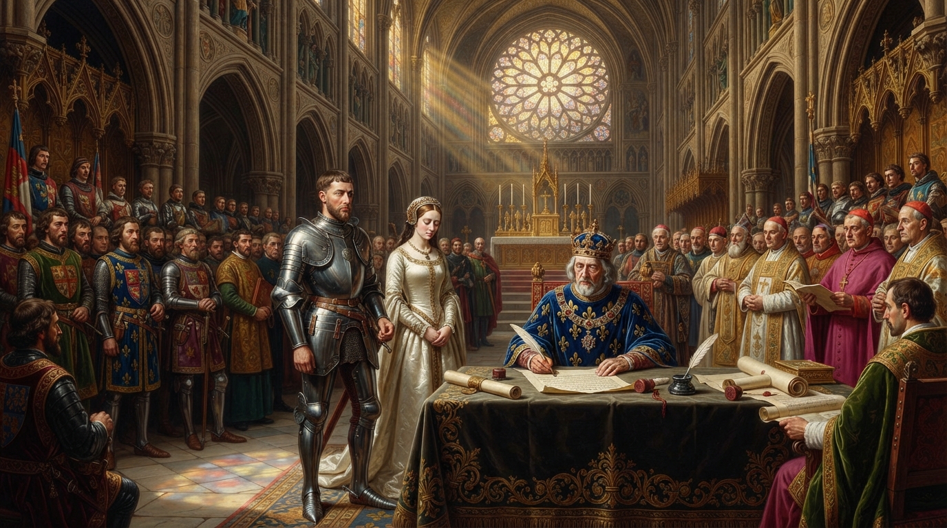 The historical meeting of King Henry V and King Charles VI for the signing of the Treaty of Troyes.