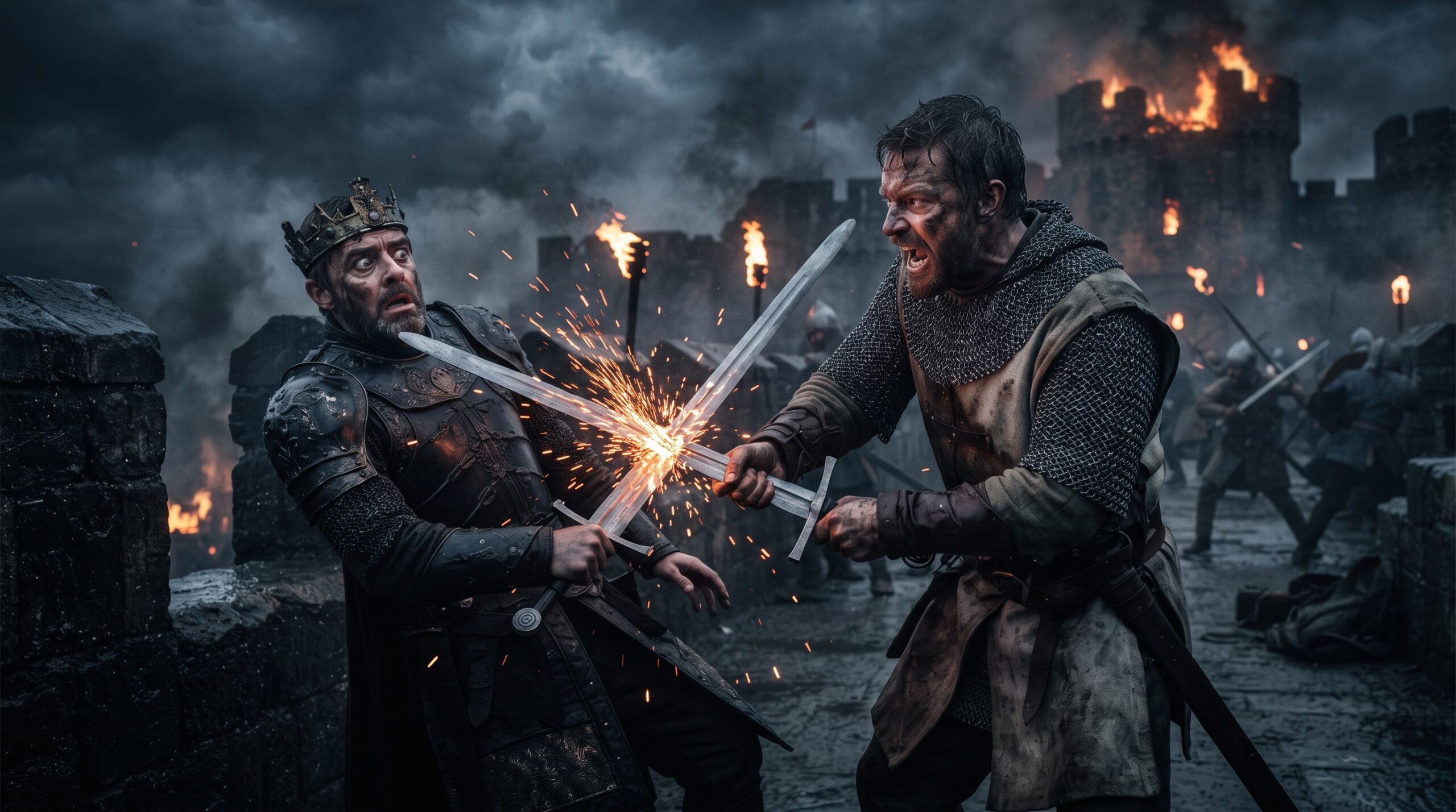 Intense sword fight between Macbeth and Macduff on Dunsinane ramparts, capturing the moment of Macduff's revelation.