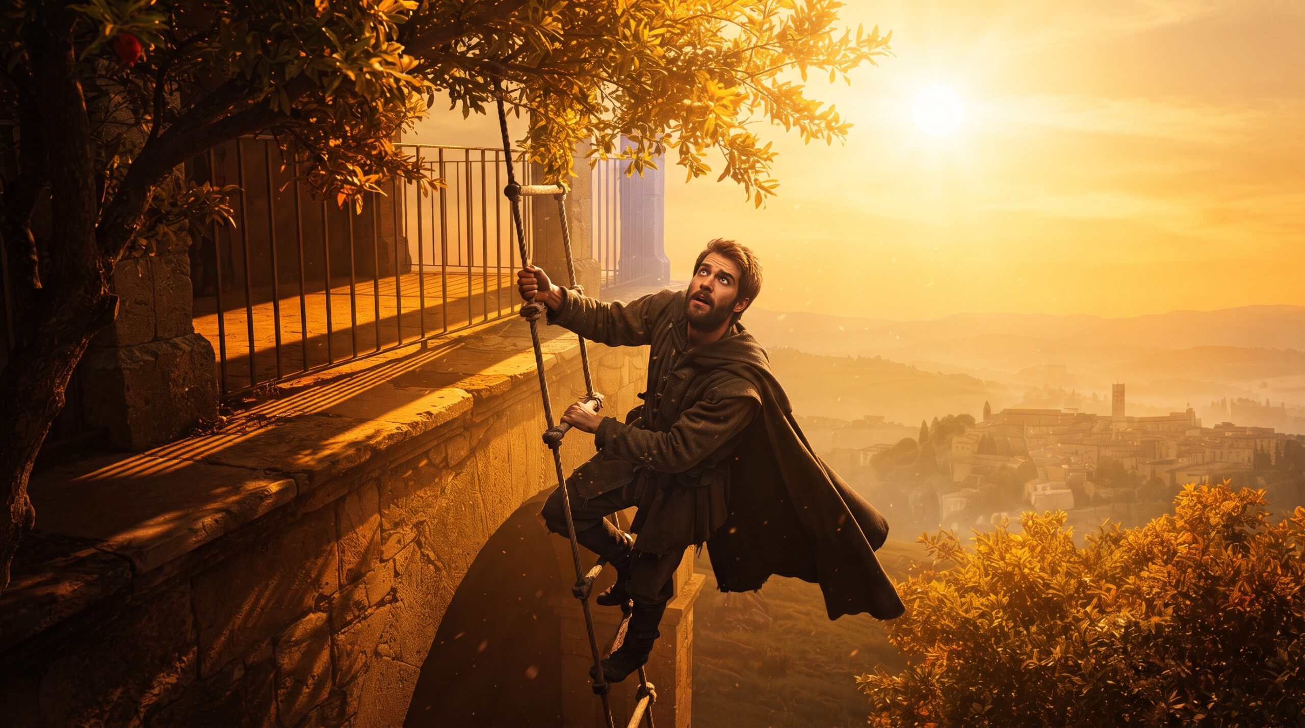 Romeo makes his final, irreversible descent from the balcony into the dangerous morning sun.