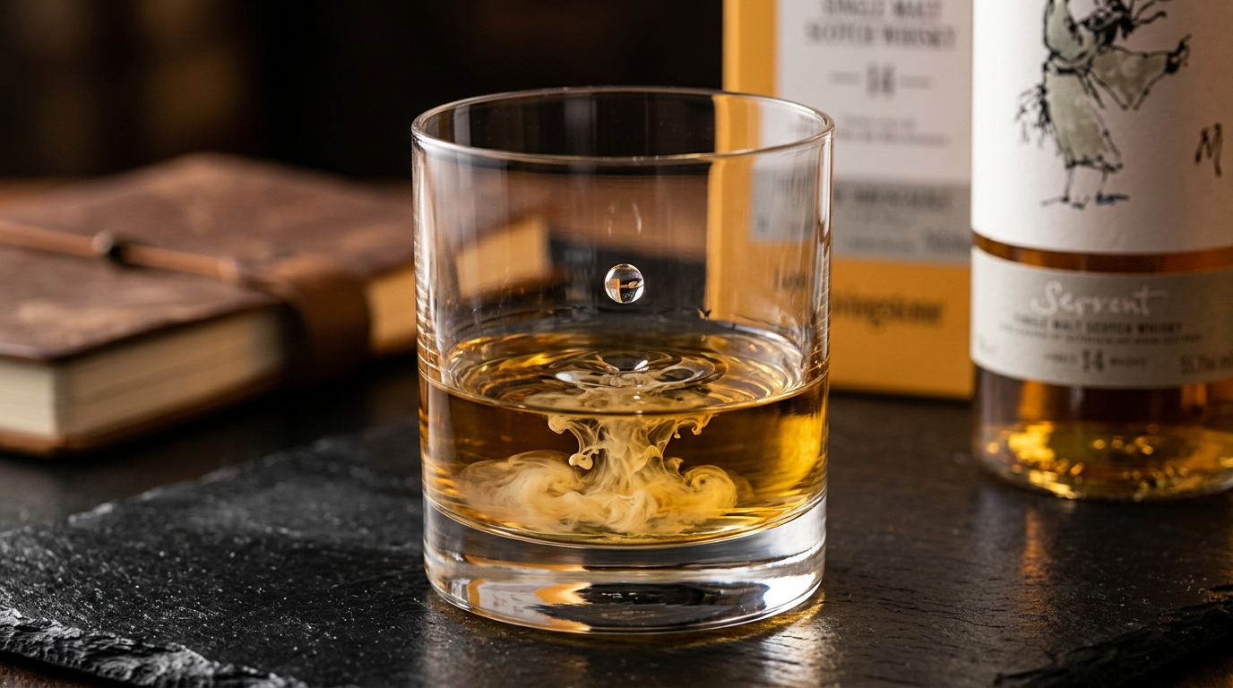 A droplet of water falling into a glass of Clynelish 14 Macbeth 55.1, causing swirling cloudiness (louchening) and releasing aromas.