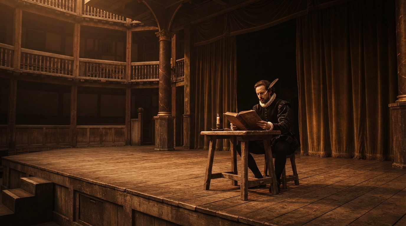 An actor in Jacobean costume as Shakespeare studying Holinshed's Chronicles on the Globe Theatre stage.