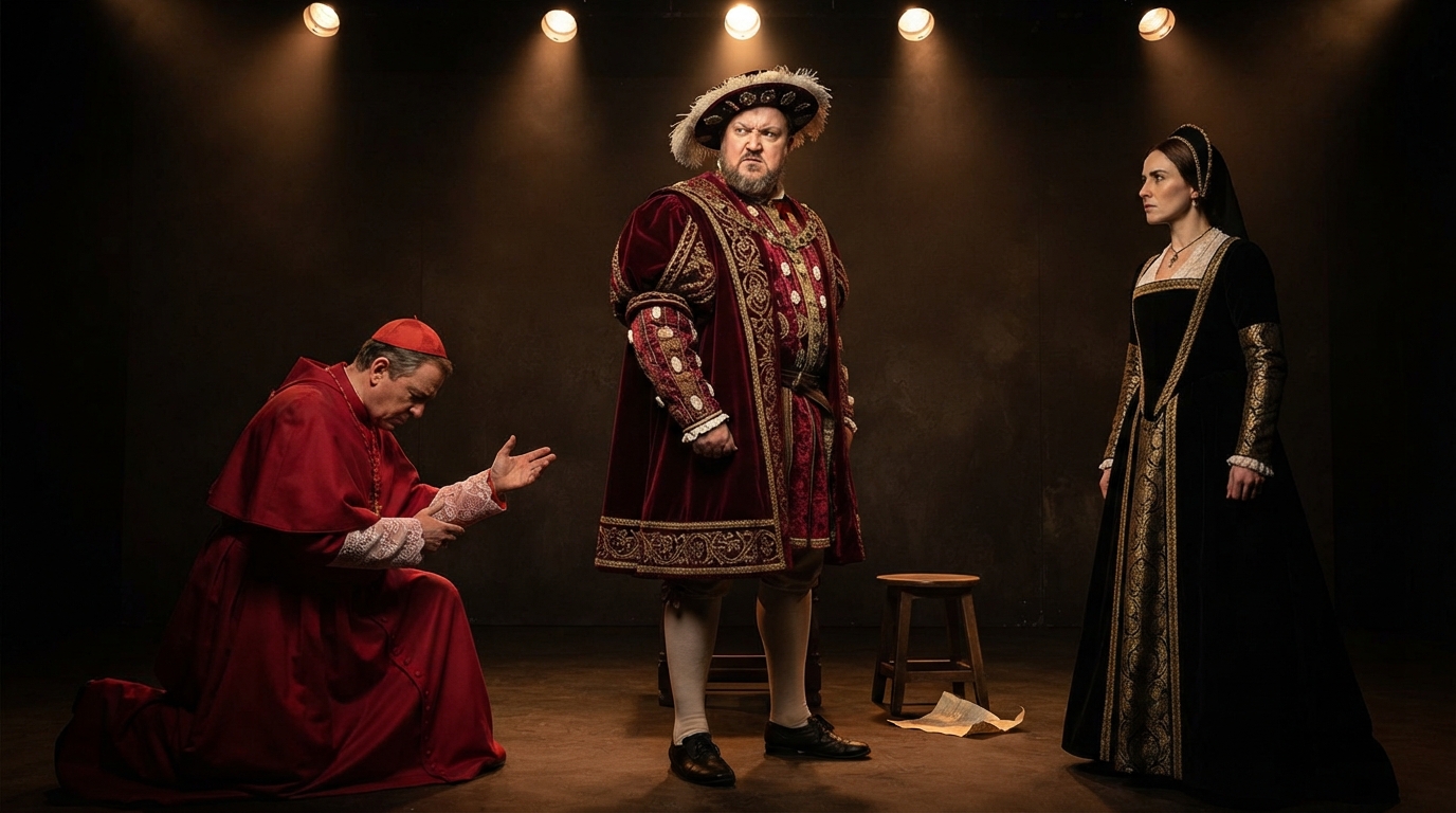 Theatrical portrayal of King Henry VIII, a kneeling Cardinal Wolsey, and Queen Catherine of Aragon on stage.