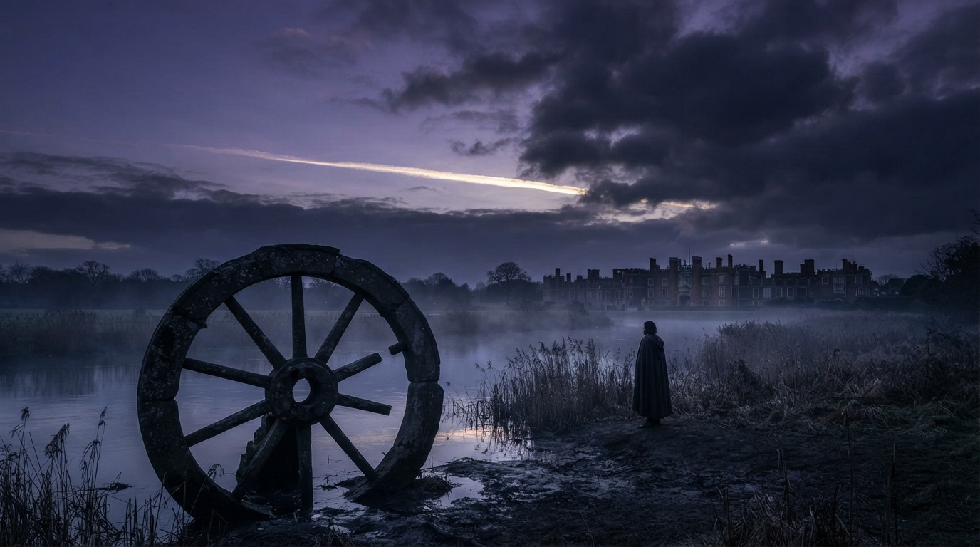 Melancholic twilight landscape with a broken Wheel of Fortune on a misty riverbank near Hampton Court Palace.