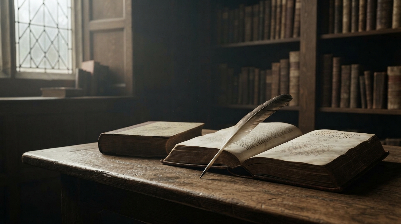 Antique quill resting on open Hall's Chronicle and Thomas More's history books in a scholar's study.