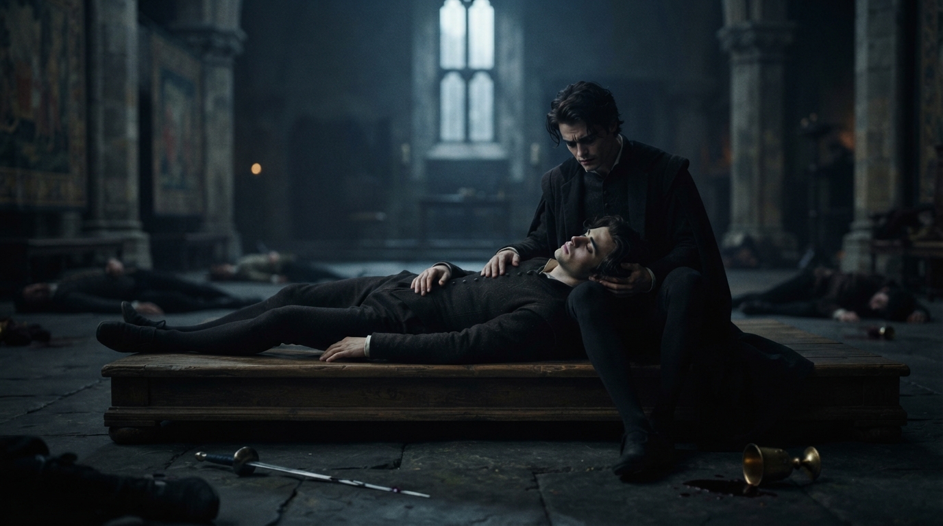 The peaceful aftermath of the tragedy as Horatio mourns the death of Hamlet in a quiet, shadowed castle hall.
