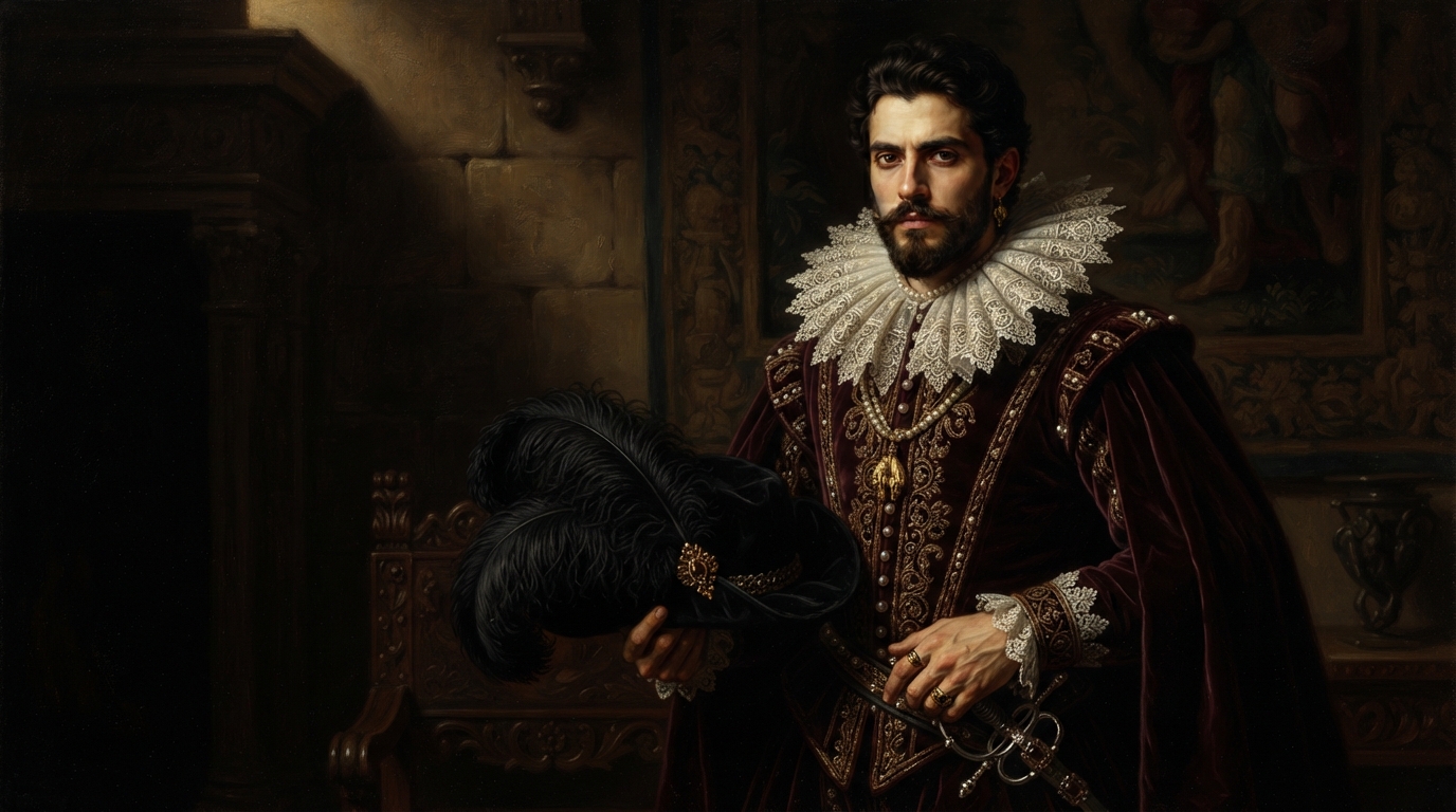 Jacobean courtier in velvet attire and lace ruff holding a feathered hat representing Osric in Hamlet