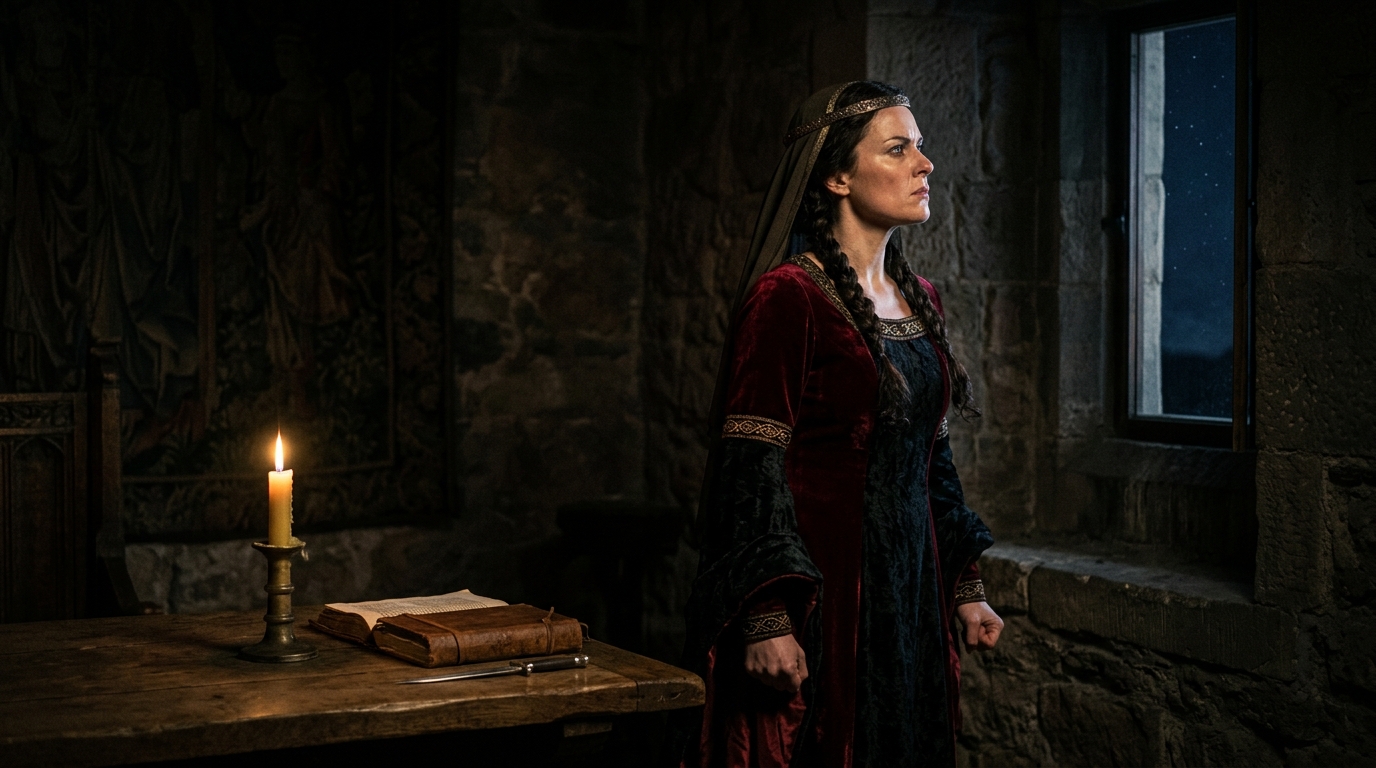 dramatic portrait of lady macbeth in a dark castle chamber looking ambitious and ruthless at night