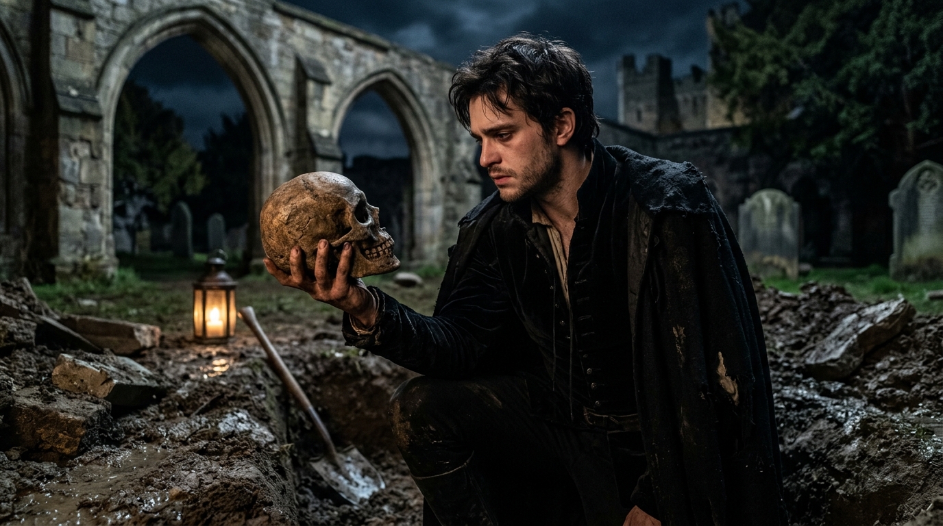 A dramatic close-up of Prince Hamlet holding Yorick’s skull in a dimly lit graveyard, symbolizing mortality.