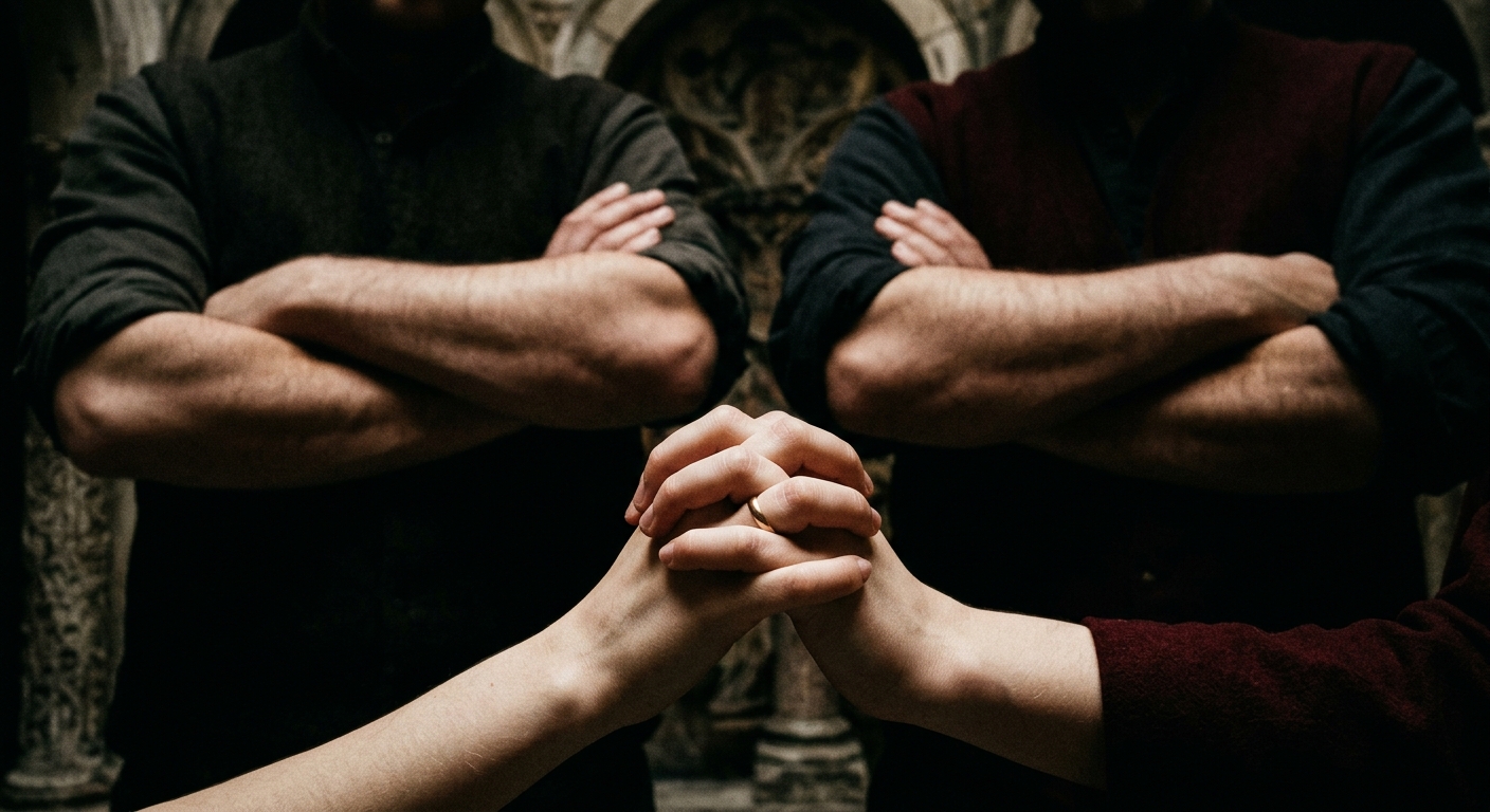 Dramatic photo contrasting young lovers' interlocked hands with the silhouette of disapproving adult arms.
