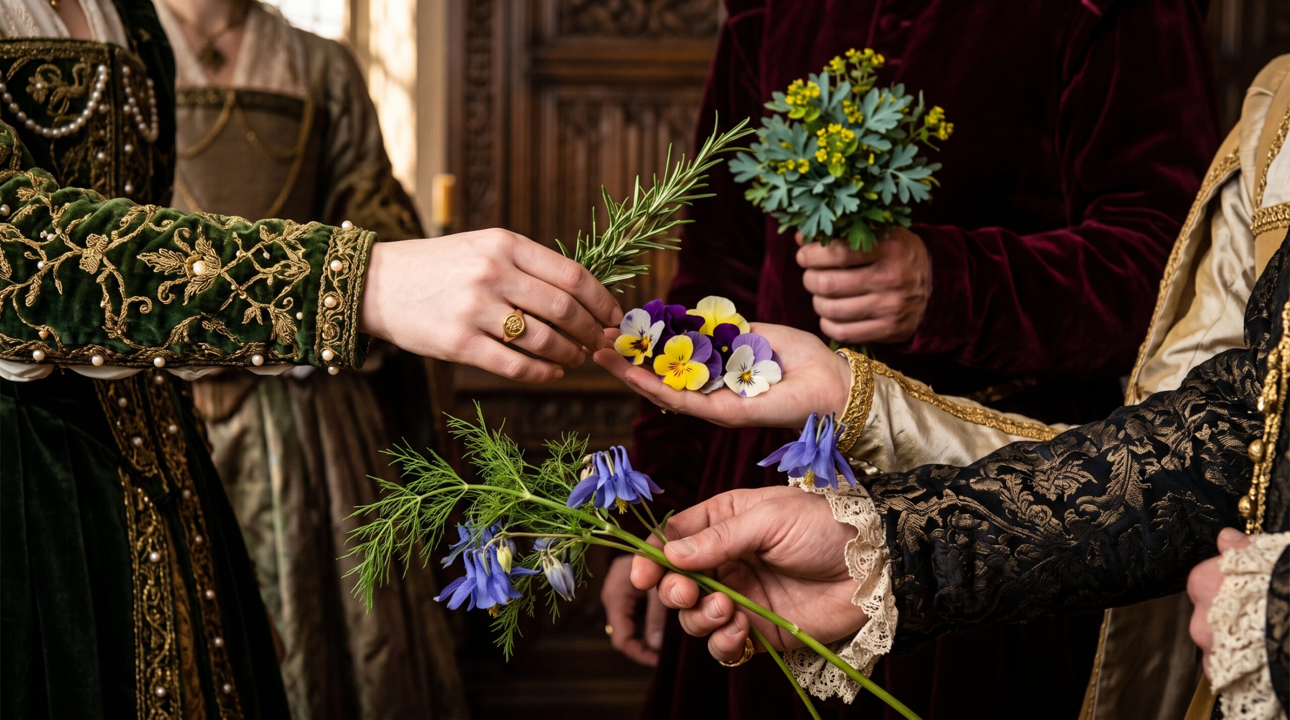 Hands wearing opulent Elizabethan attire receiving symbolic flowers (rosemary, fennel, rue) in a dramatic court setting, decoding Ophelia's subtle critiques.