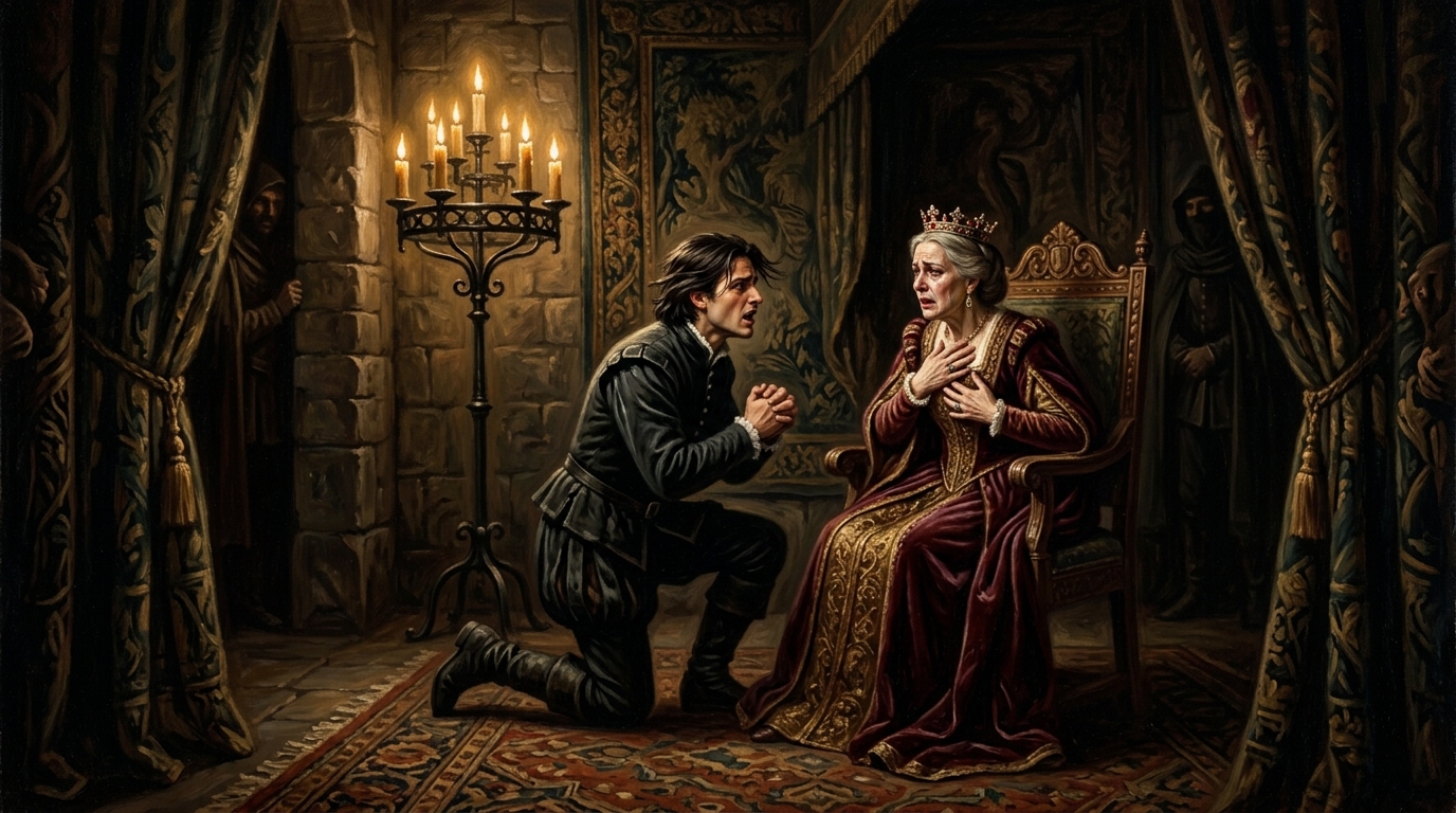 Prince Hamlet confronting Queen Gertrude in her private chamber at Elsinore Castle.