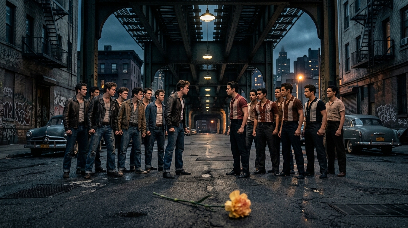 A tense visual standoff between two rival groups under an industrial elevated train, illustrating the street gang parallel to the Capulet and Montague feud.